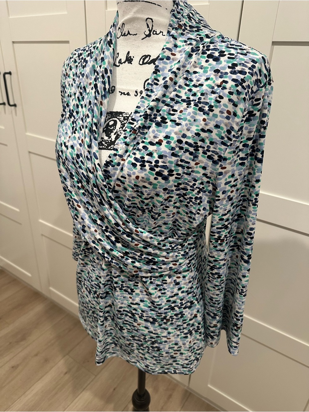 Dkny Blue, Green and Black Dotted Wrap-Front Blouse - Picture 3 of 10